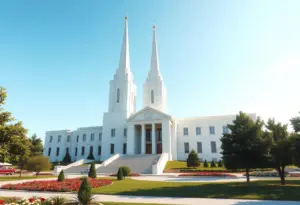 Architectural render of the new Fairview Texas LDS Temple with a tall spire