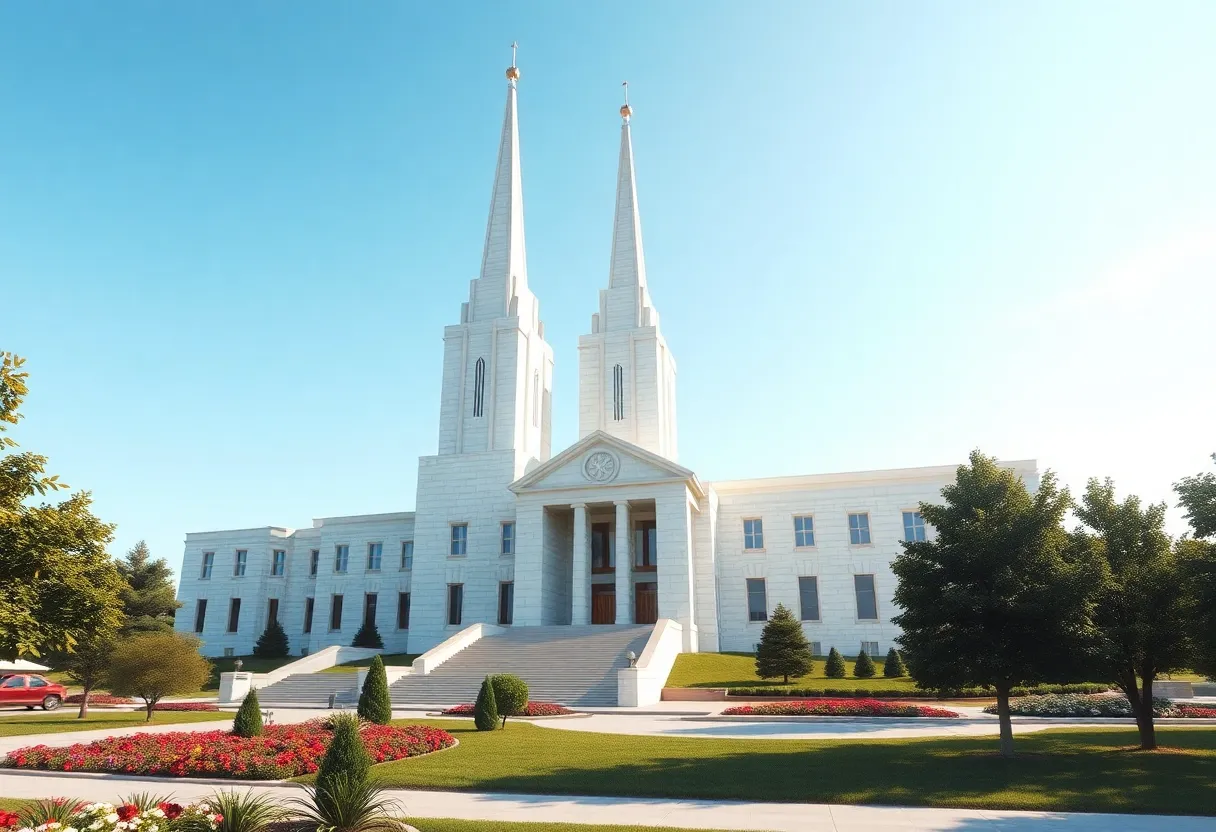 Architectural render of the new Fairview Texas LDS Temple with a tall spire