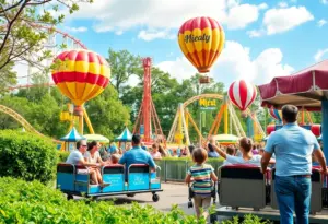 Families enjoying a new theme park with thrilling rides.
