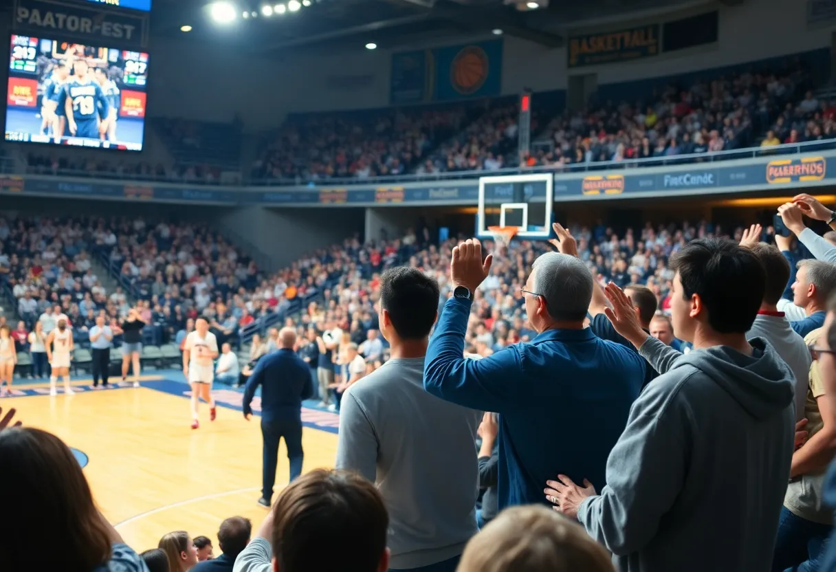 Fans cheering at a University of North Texas basketball game