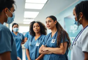 Nurses discussing workplace safety and patient care standards in a hospital.
