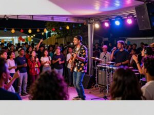 Local artist Paige Lewis performing at a community music event.