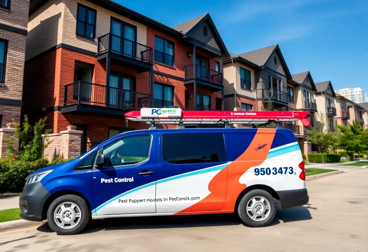 Pest control service vehicle in Houston neighborhood