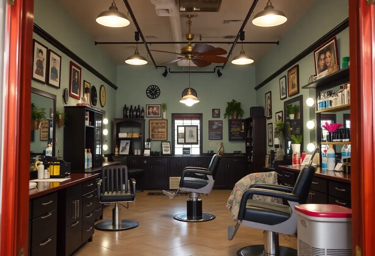 An inviting view of the interior of a barber and beauty shop.