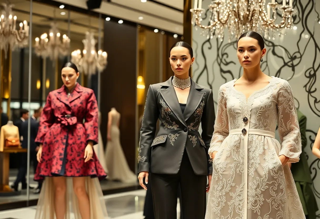 Fashion display featuring designs from Prada and Versace.