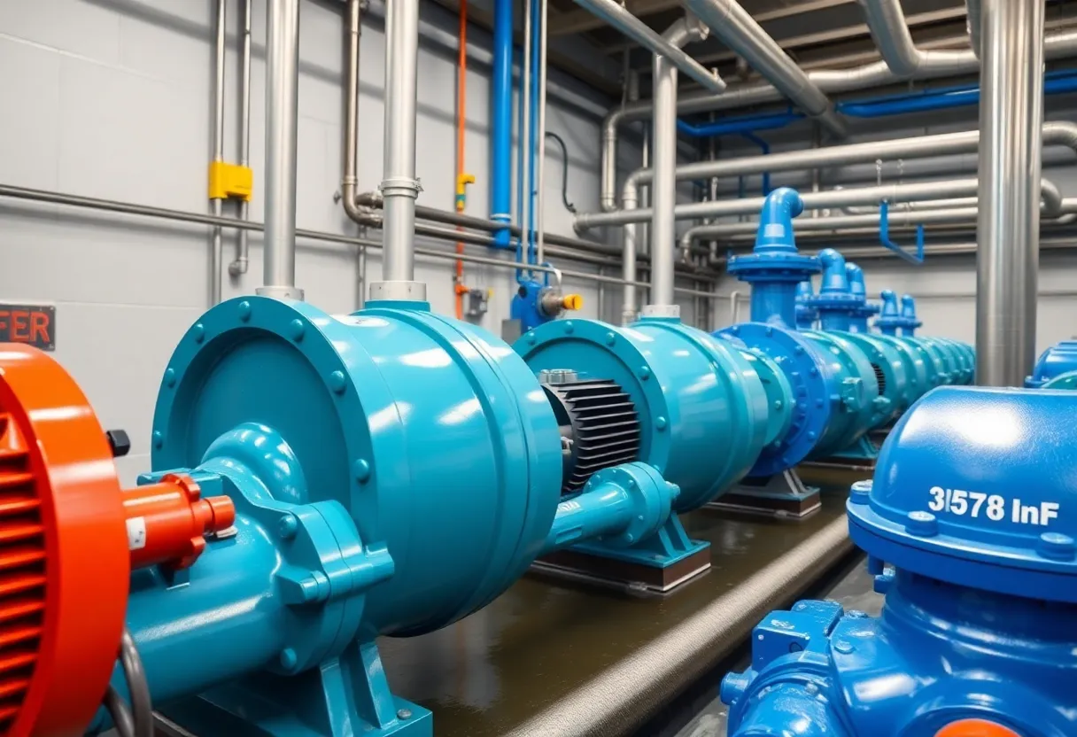 Industrial pumps at a water treatment facility.