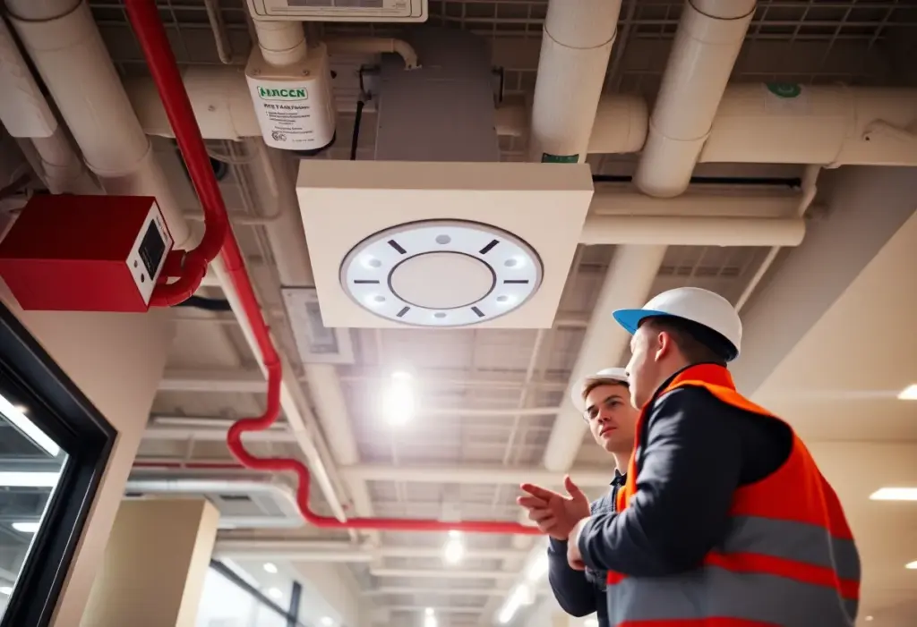 Technicians inspecting a fire alarm system in a commercial building in Cypress, TX.