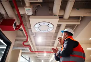 Technicians inspecting a fire alarm system in a commercial building in Cypress, TX.