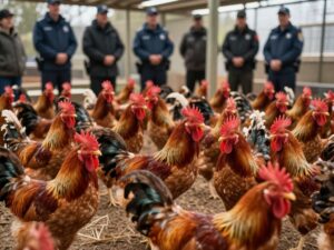 Rescued roosters in a safe environment
