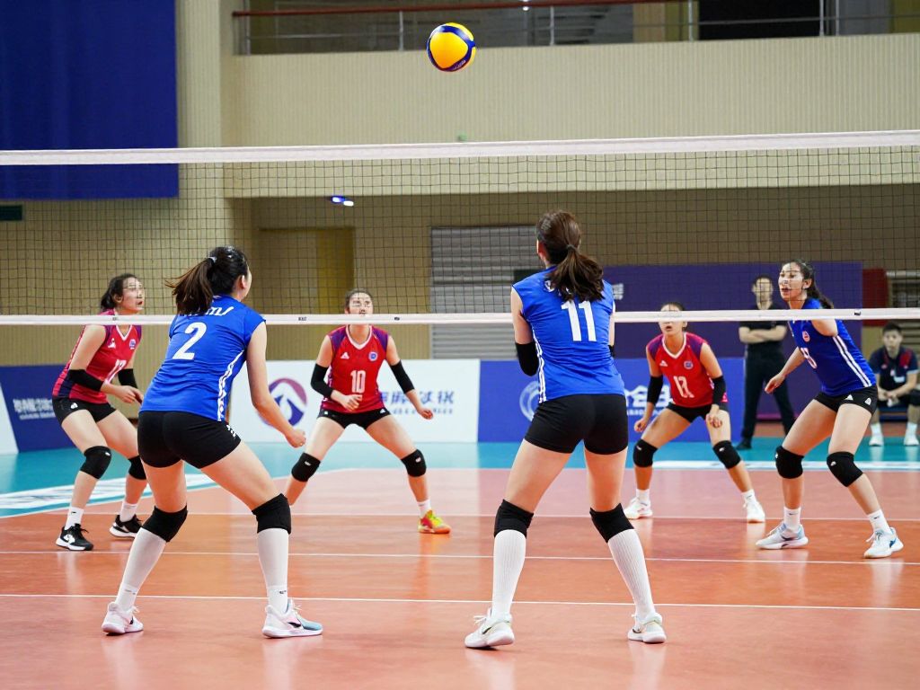 Rice University volleyball players displaying teamwork during a game.