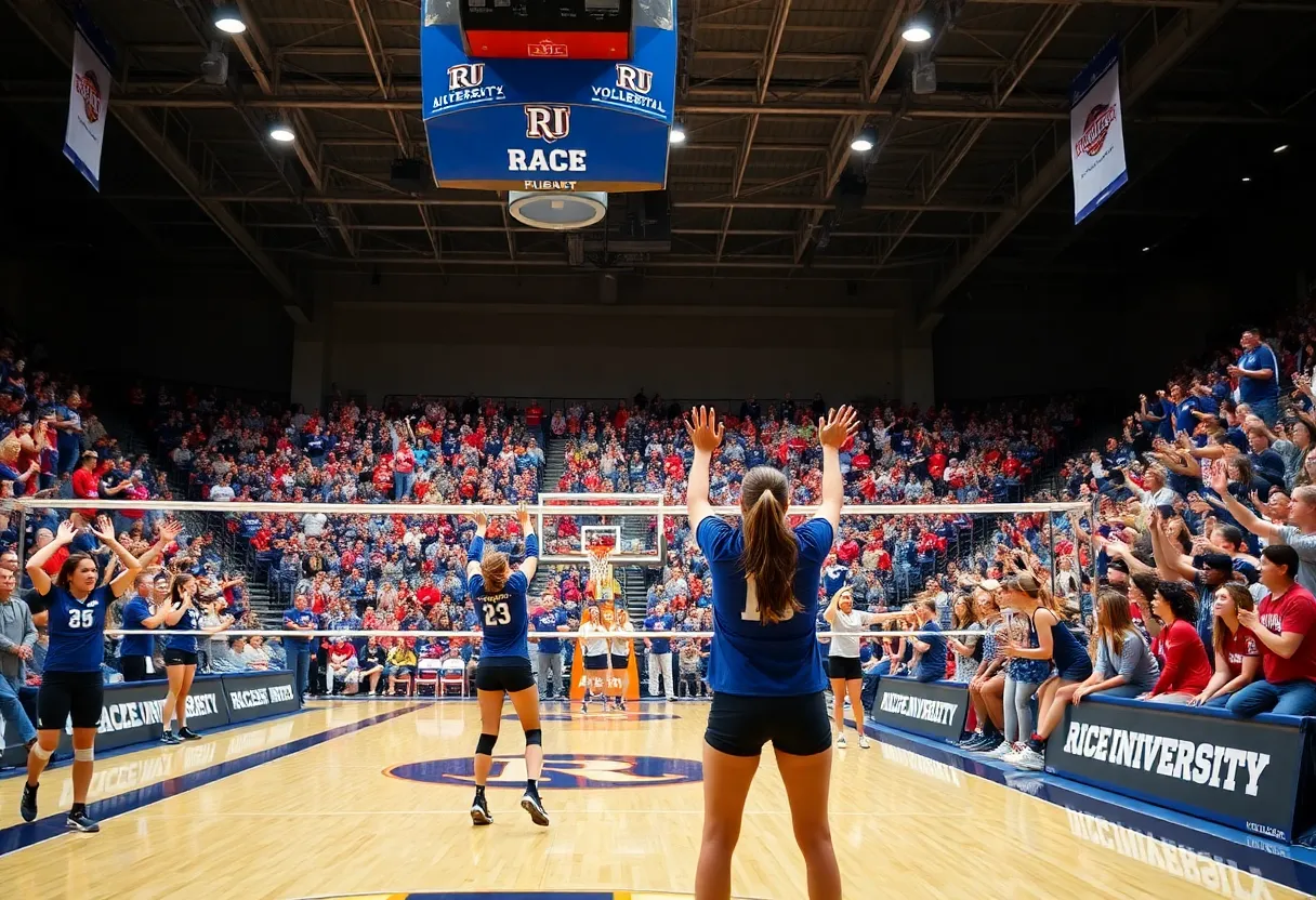 Rice University Volleyball Team in action during a match.