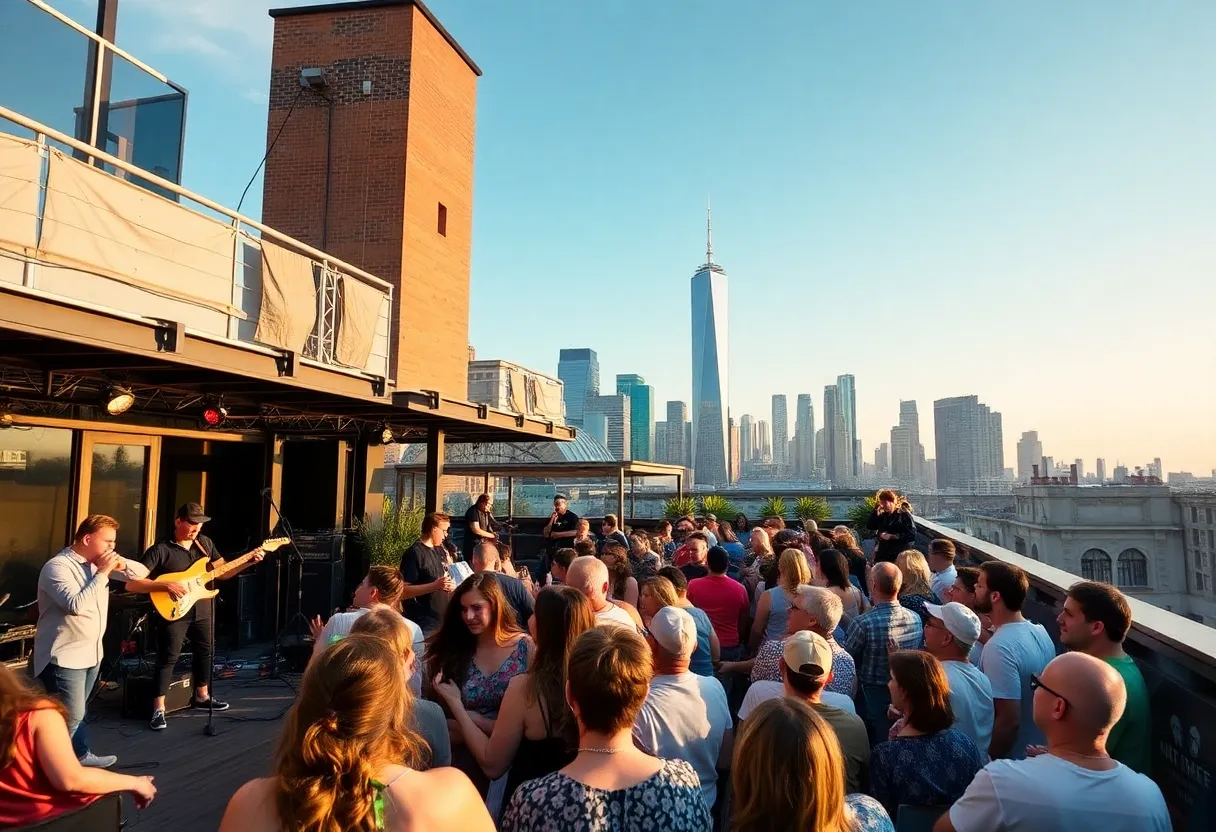 Audience enjoying live music at a concert on a rooftop in Houston