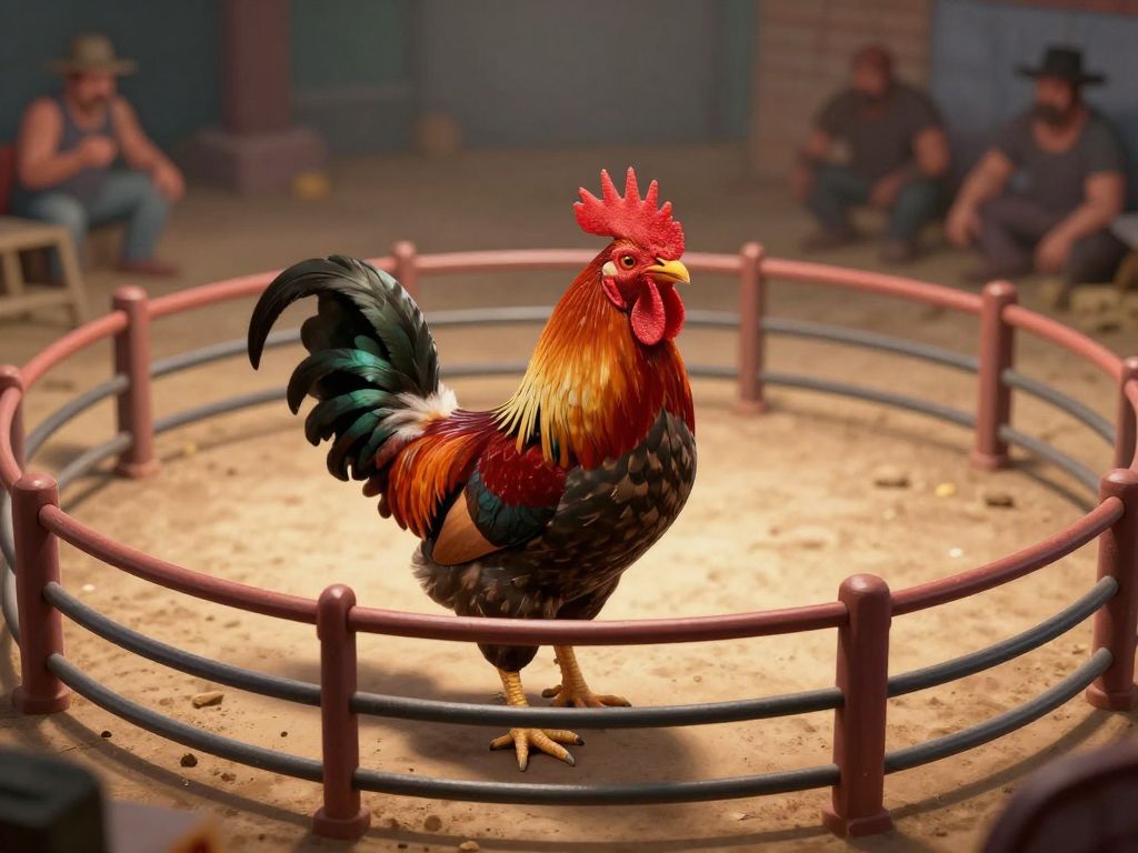 Illustration of a rooster-fighting ring representing illegal activities.
