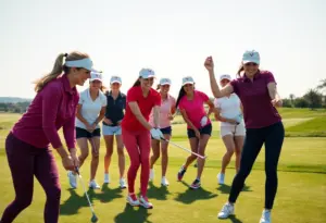 Female golfers practicing on a golf course