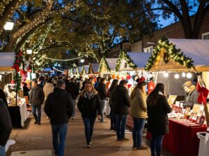 Festive holiday market in San Antonio with local artisans and visitors