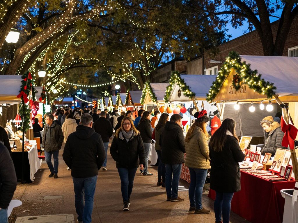 Festive holiday market in San Antonio with local artisans and visitors