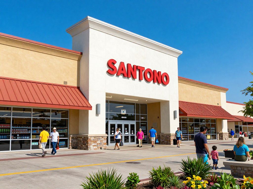 A retail shopping center in San Antonio with an H-E-B store and vibrant local shops.