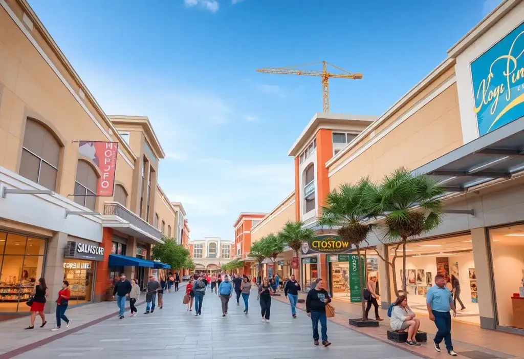 Revitalized shopping center in San Antonio filled with shoppers.