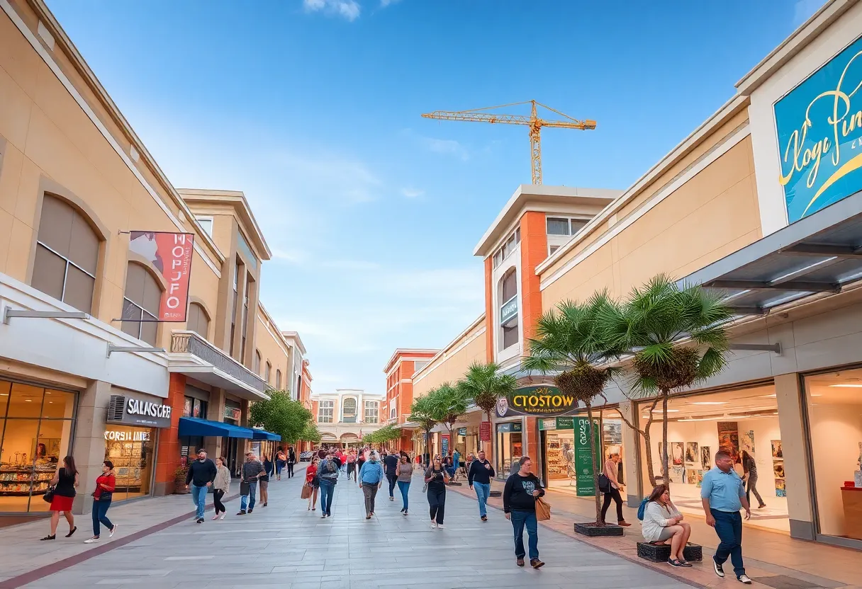 Revitalized shopping center in San Antonio filled with shoppers.