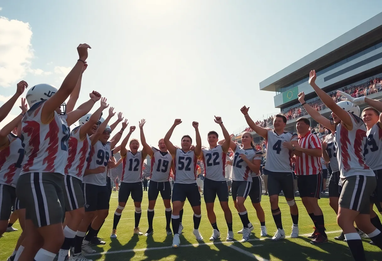 Second Baptist School football team celebrating their victory on the field