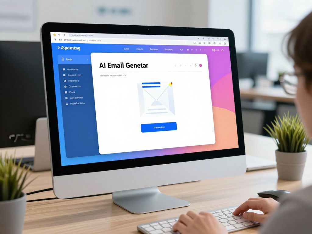Screenshot of an AI email generator on a computer screen in a modern office.