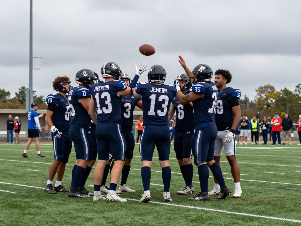 High school football players celebrating with a somber expression