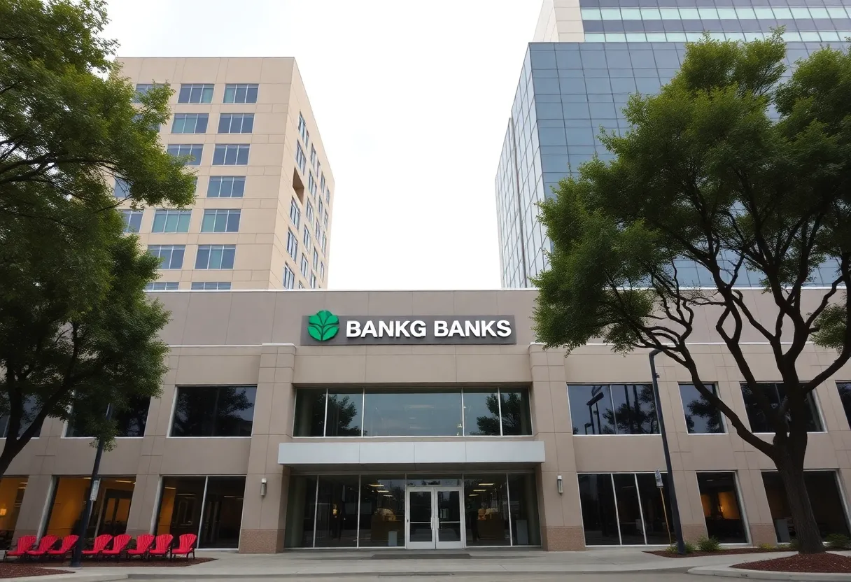 Rendering of a new banking building representing the South Plains Financial and BOH Holdings merger.