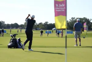Participants at the St. Jude Houston Golf Classic charity event with golf course view
