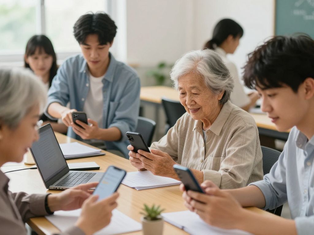 University students conducting a digital literacy workshop for seniors.