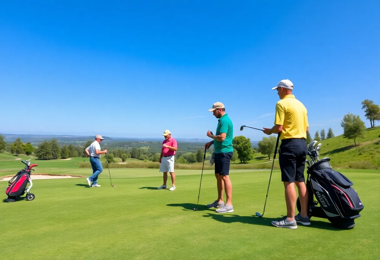 A golf course with players reflecting teamwork and support.
