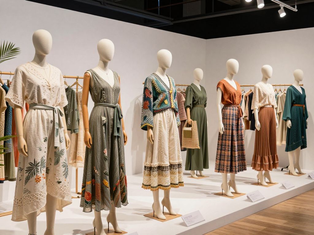 Display of sustainable fashion materials and designs at UT Austin exhibit.