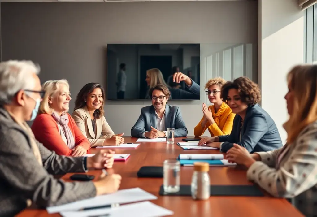 Diverse leaders at TDECU board meeting discussing innovation