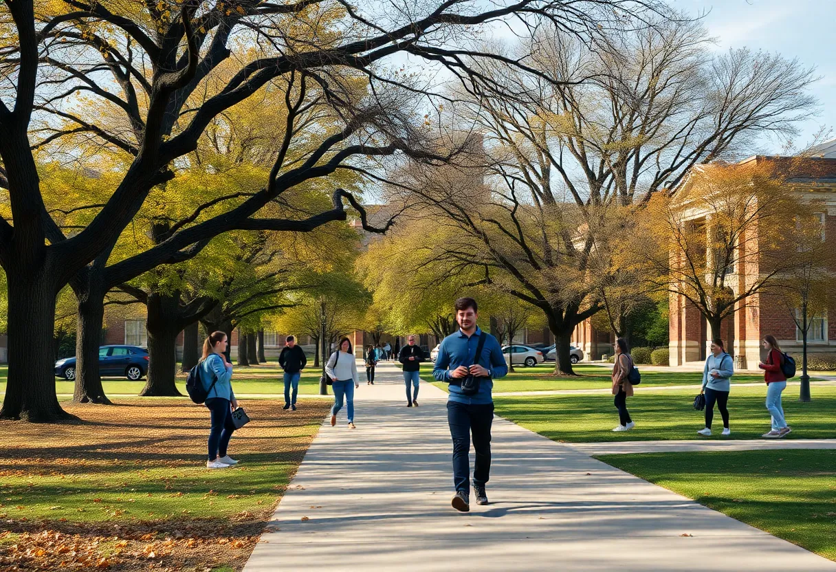 College students on campus in Texas during fall