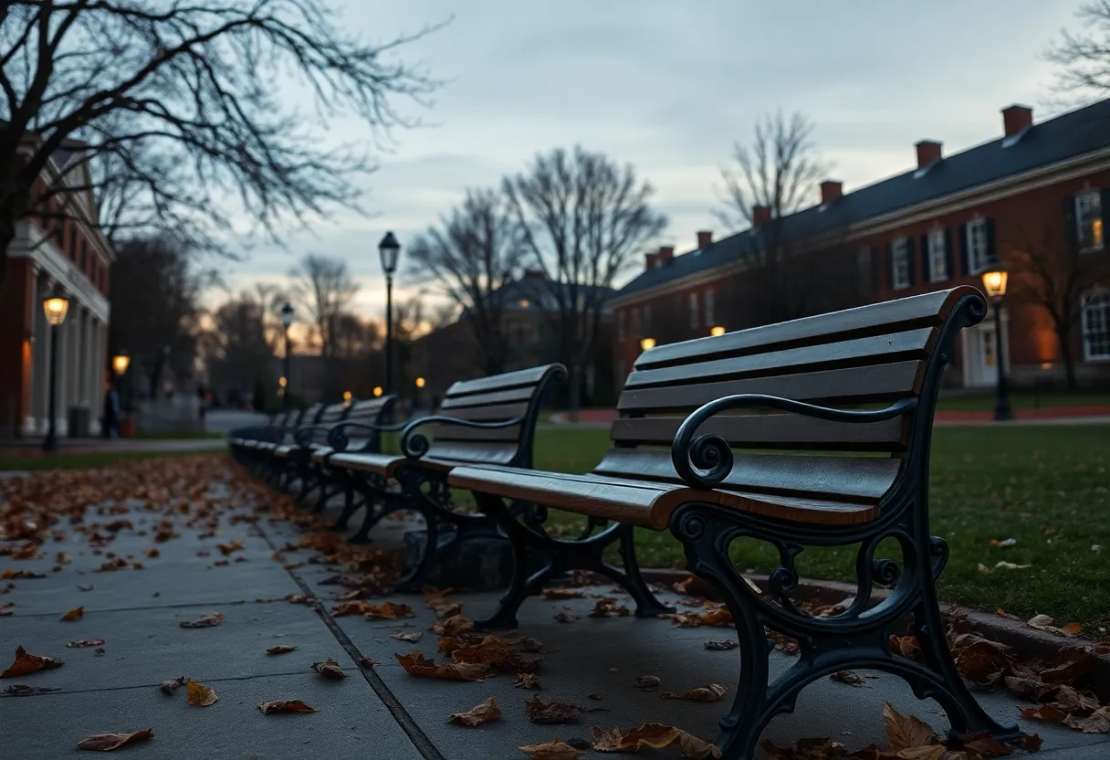 Empty benches on a university campus during sunset.