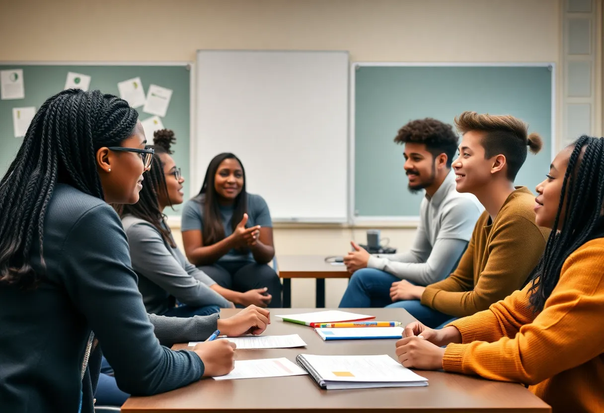 Students in a classroom discussing race and gender topics with educational resources