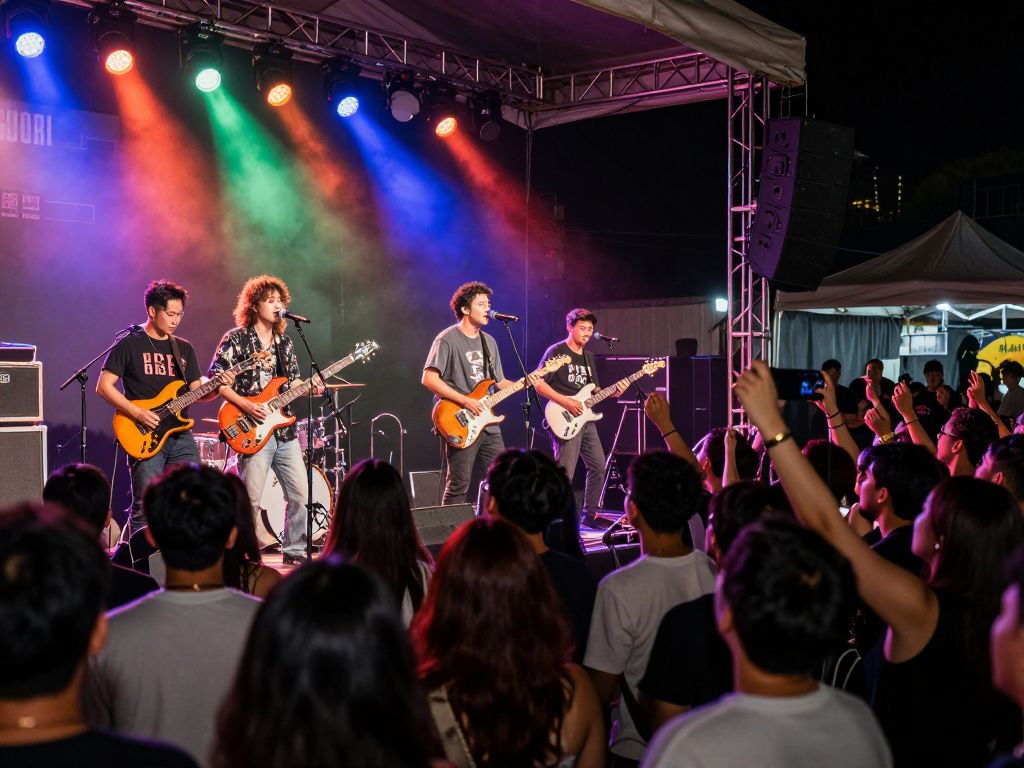 Concert scene in Texas City with rock bands performing.