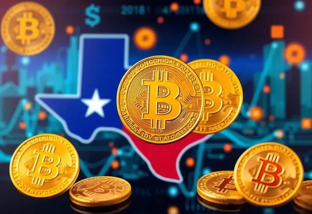 Abstract representation of Texas cryptocurrency reserve with Bitcoin symbols.