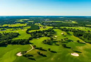 Aerial view of Texas golf courses surrounded by trees and landscapes