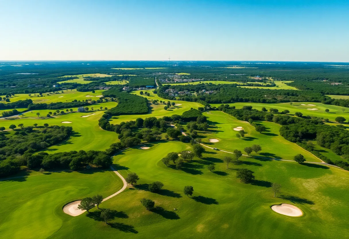 Aerial view of Texas golf courses surrounded by trees and landscapes
