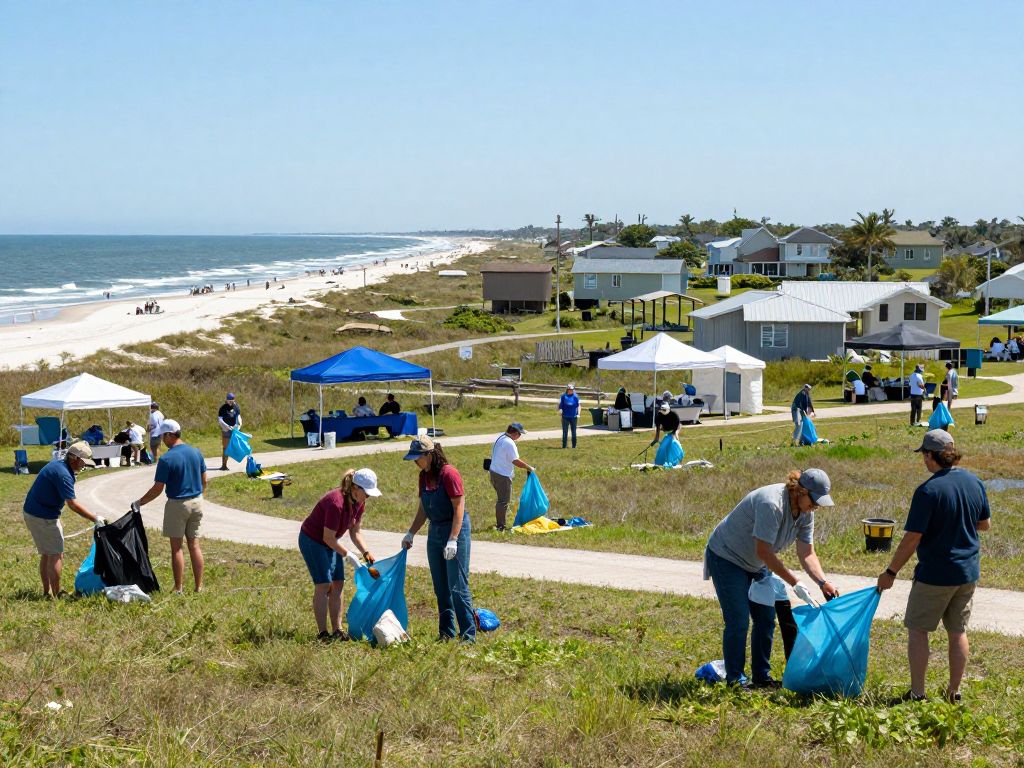 Community members engaging in environmental cleanup on the Texas Gulf Coast.