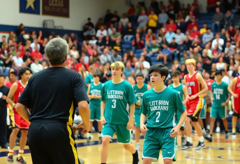 High school basketball game in Texas showing players in action.
