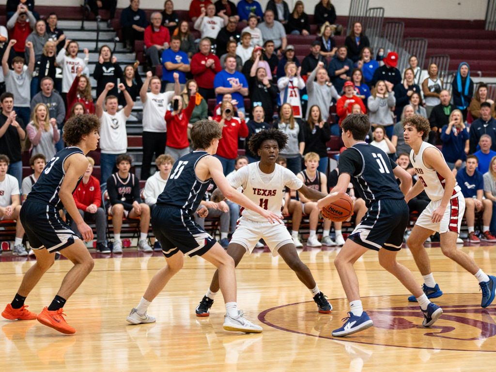 High school basketball players competing on the court in Texas.
