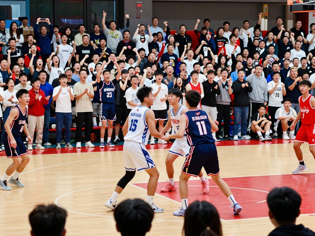 Players on a high school basketball court during a championship game