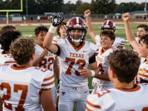 Celebration scene of Texas high school football players rejoicing after a championship win.