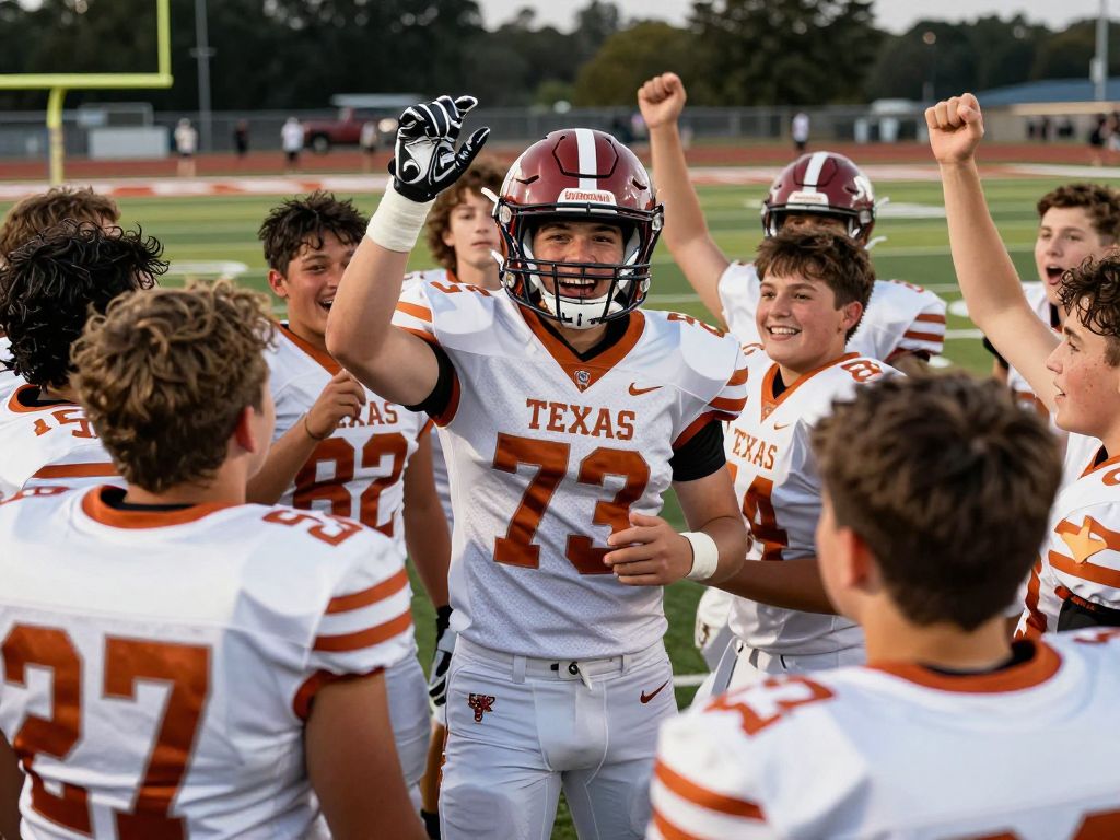 Celebration scene of Texas high school football players rejoicing after a championship win.