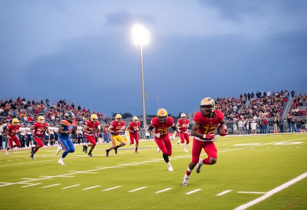 Players competing in a Texas high school football semifinal game