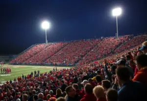 High school football playoff atmosphere with fans and lights