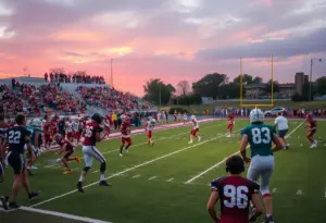 High school football players in action on the field during a game.