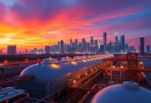 Aerial view of Texas LNG facility with green energy technologies.