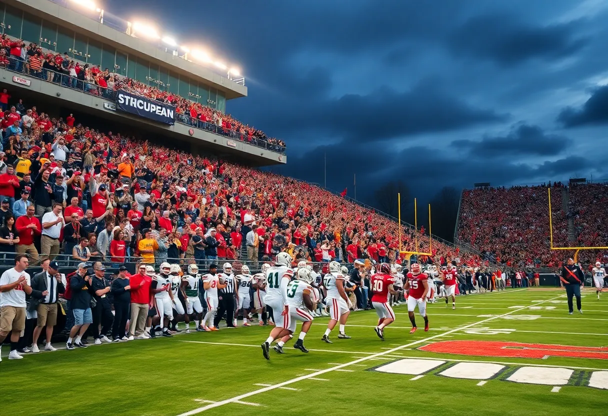 Exciting college football game with fans and players